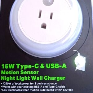 Motion Sensor Nightlight and wall charger. Type C, USB-A, and 1AC.